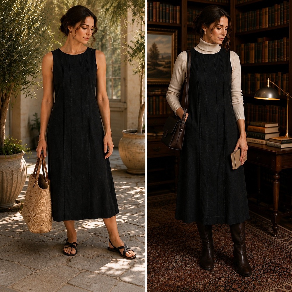 AKA Eddie Bauer Black 100% Linen Pintuck Button Back Sleeveless Maxi Dress 6 Vtg